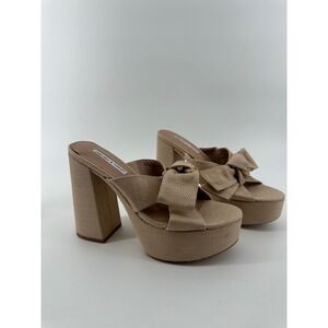 Chelsea & Violet Doris Tan Raffia Platform Bow Block Heel Mules womens‎ 9M